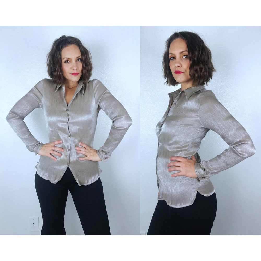vintage 2000s Mocha SHINY IRIDESCENT crinkly BLOUSE Sm grunge top club kid y2k